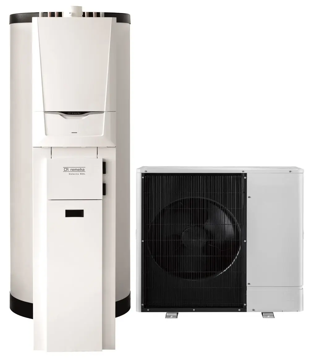 Wärmepumpensystem von Remeha, bestehend aus einem vertikalen, weißen Wärmepumpenkessel und einem separaten Außengerät mit ventilatorähnlicher Front.